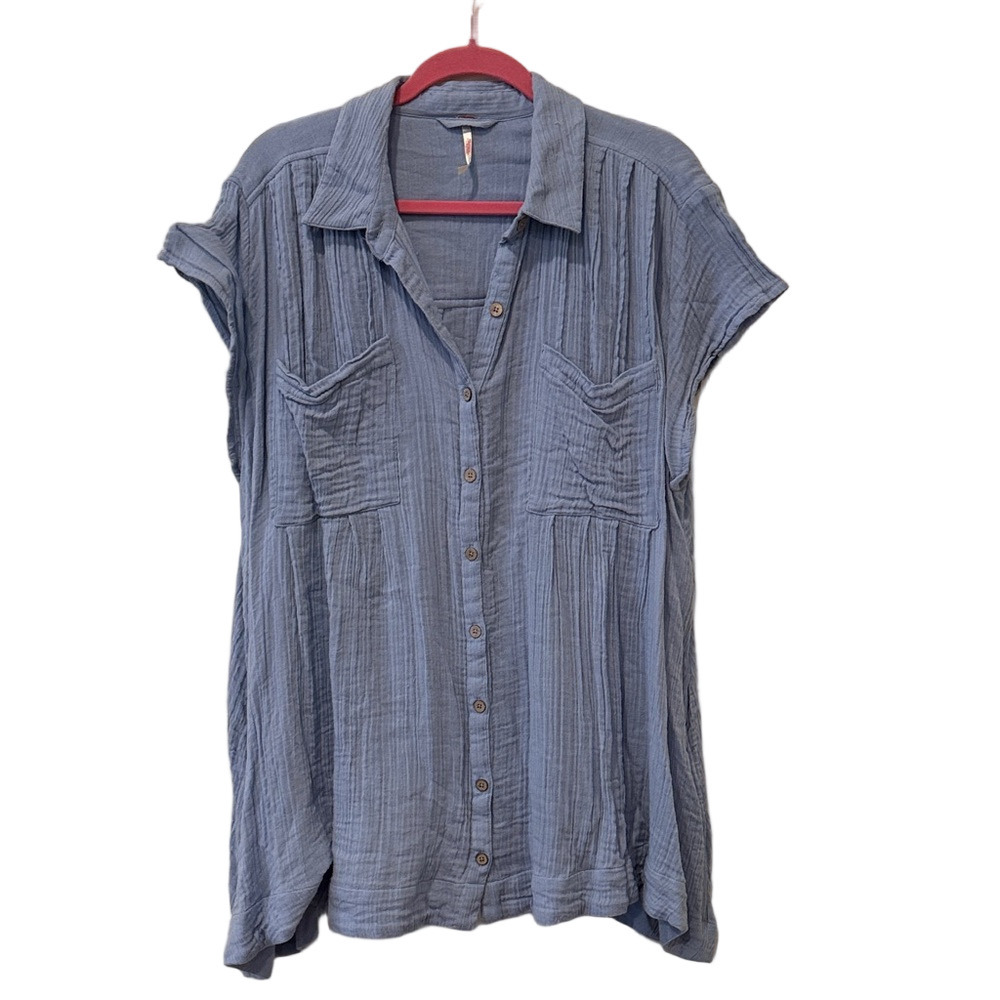 Free People Button Down Mini Dress Tunic Short Sleeve 100%Cotton Small Oversized